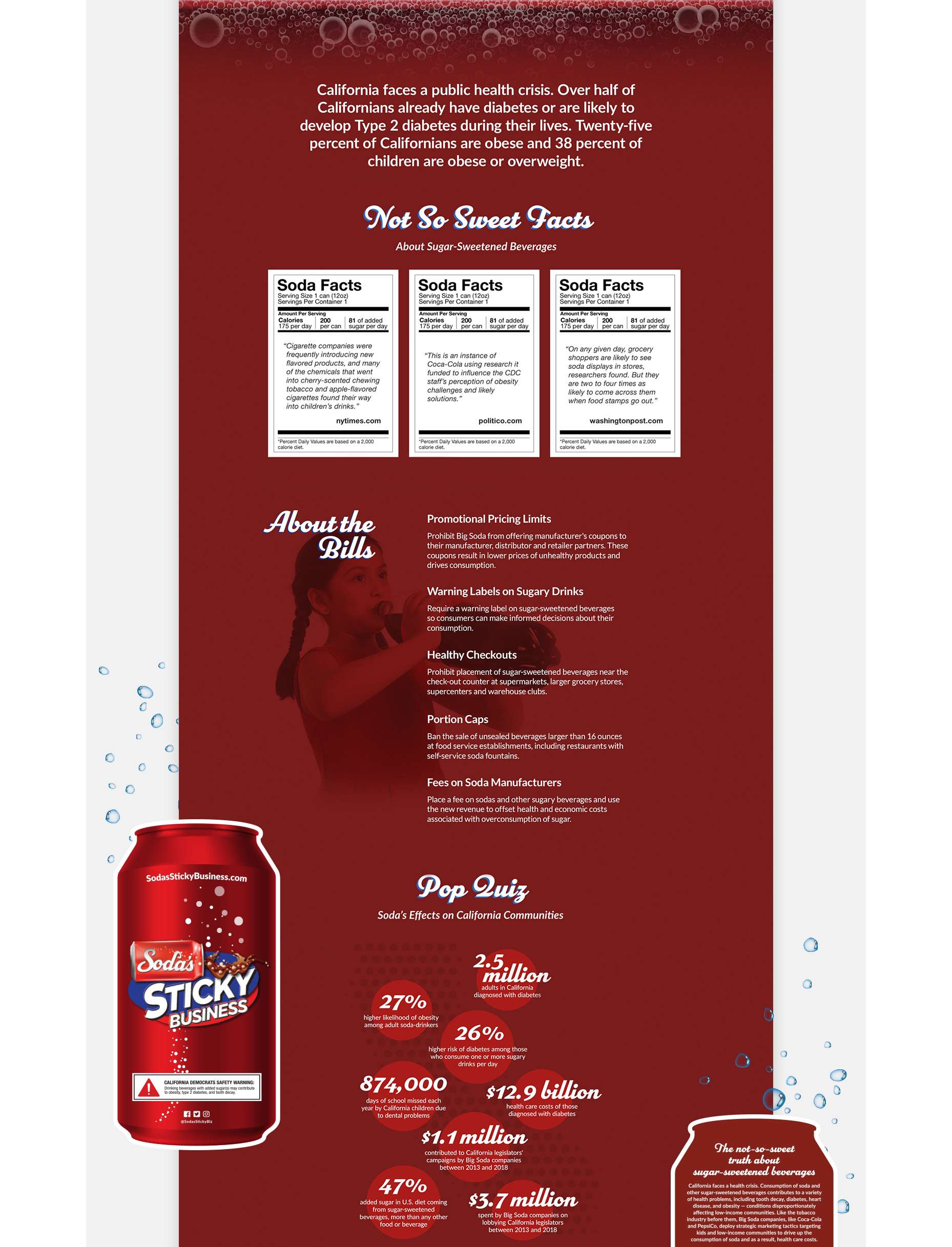 Joint Medias | CA 2019 "Sugar Tax" Initiative | Soda's Sticky Business Website about and facts sections