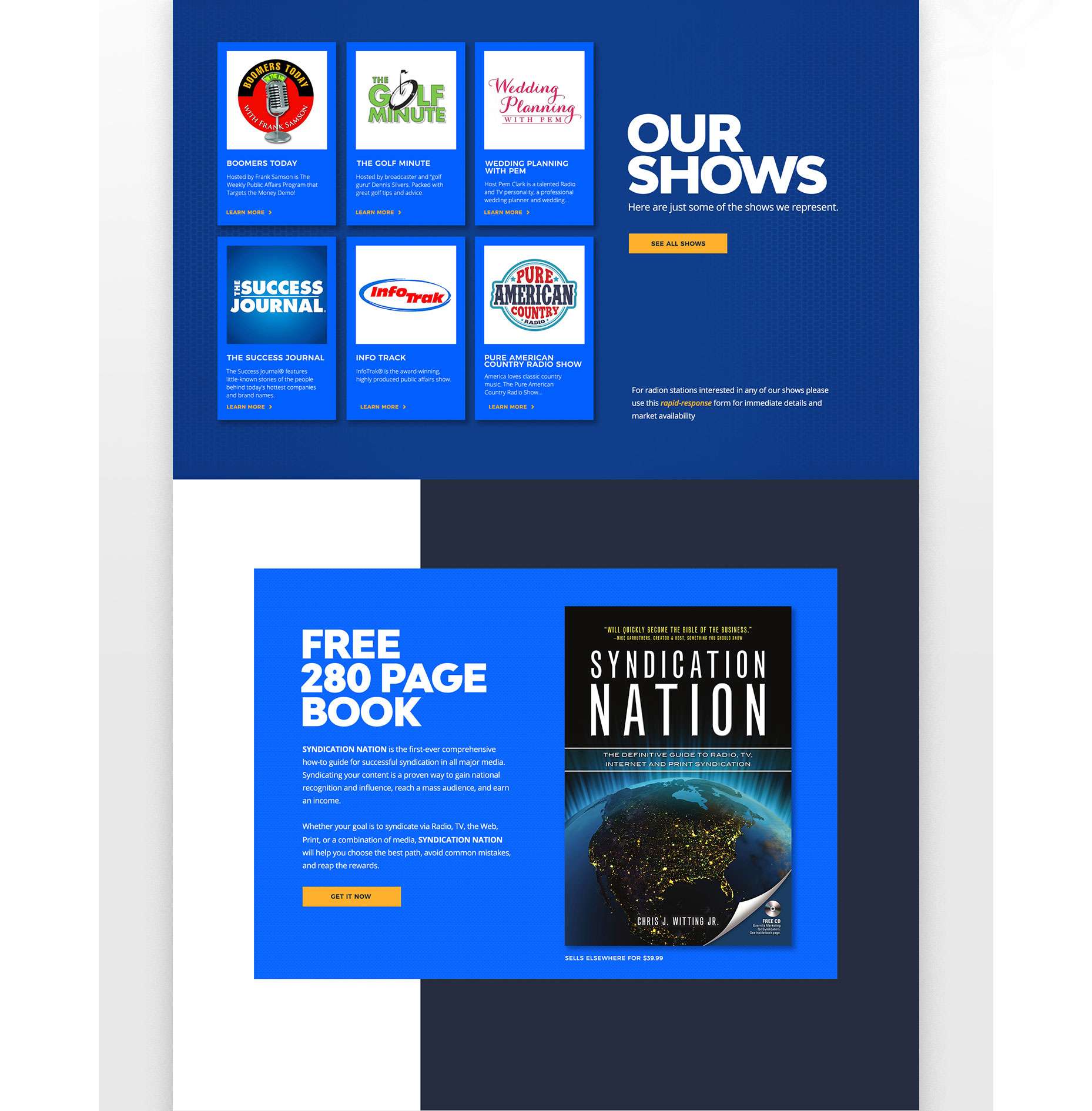 Joint Medias | Syndication Networks home page design sample of our shows an free book offer sections